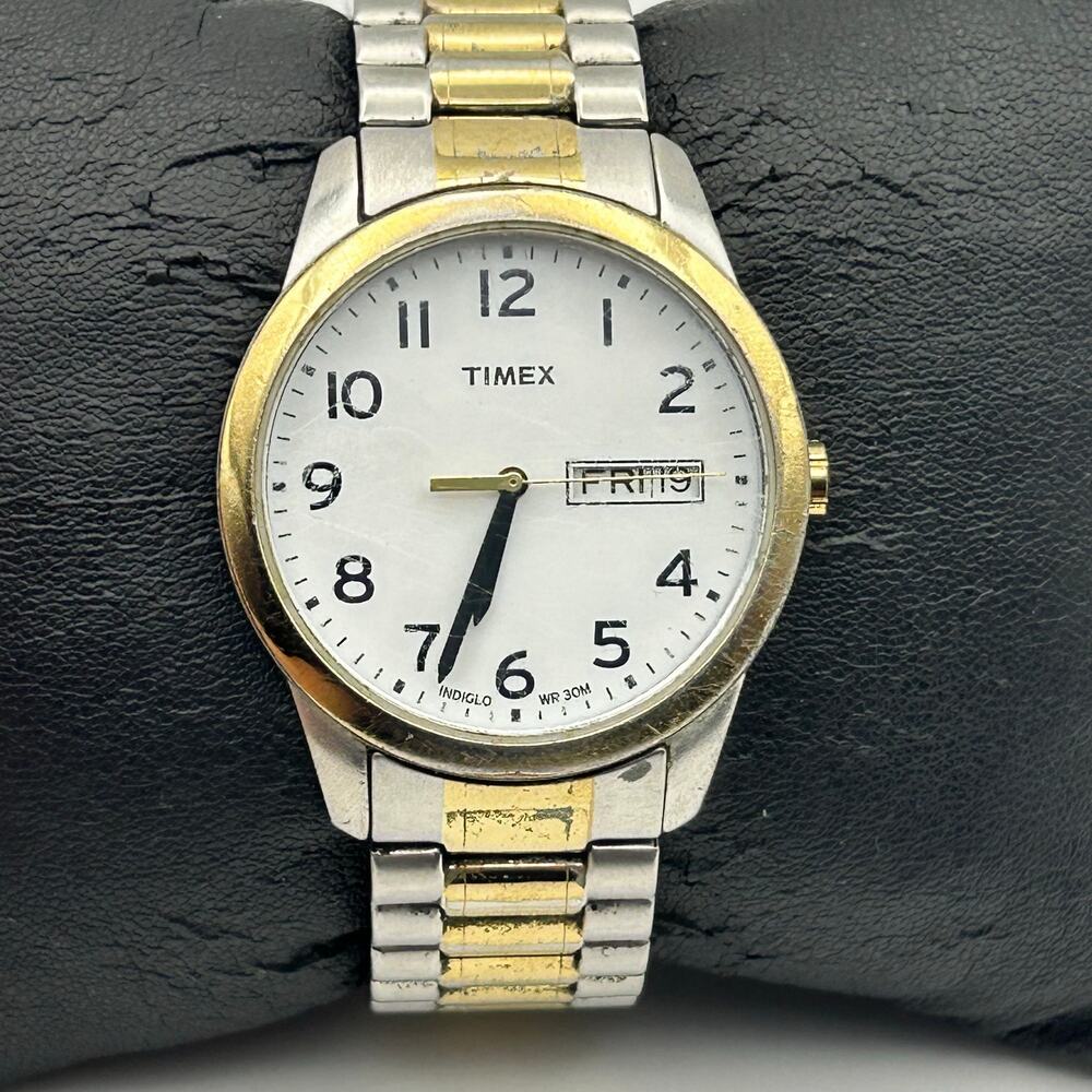 Timex Two-tone Men’s Easy Reader Watch Stretch Band Working New Battery